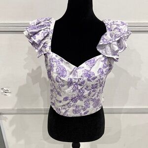 Elegant Floral Ruffle Sleeve Blouse - Purple and White